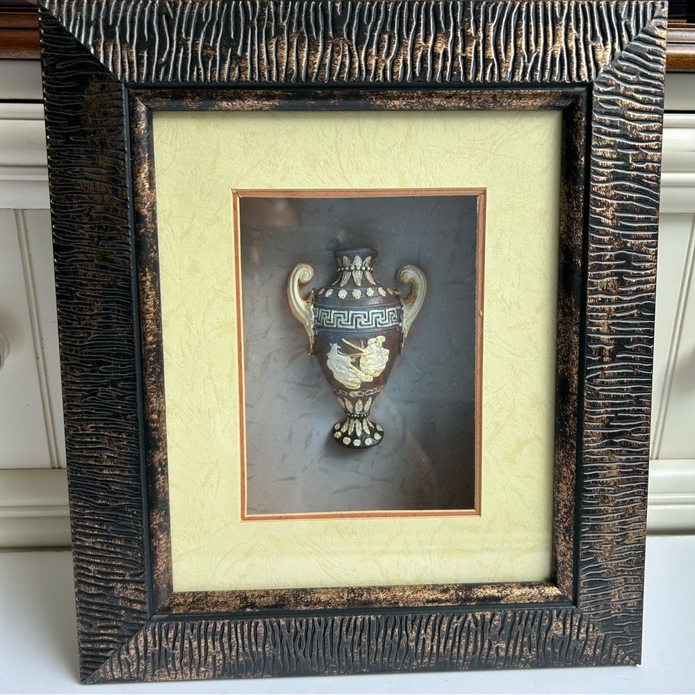 Elegant Brown & Gold Grecian Matted Shadow Box Framed Vase Art Piece Decorative